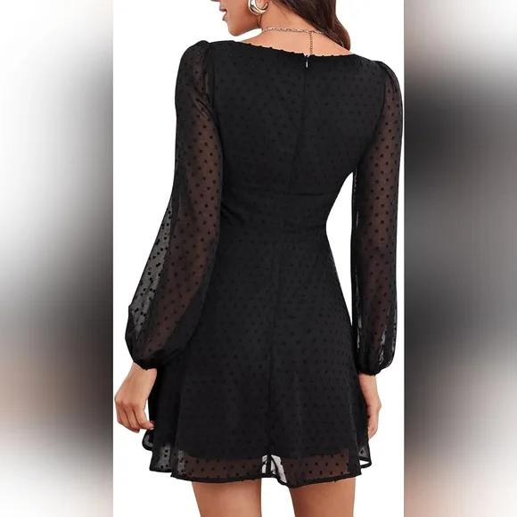 Polka Dot Square Neck A line Long Sleeve Swiss Dots Mini Dress - Picture 2 of 3